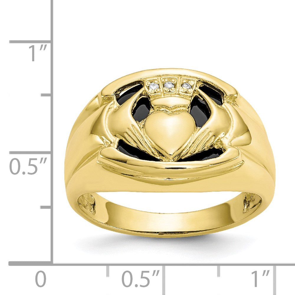 10K Yellow Gold Men's Real Diamond and Black Onyx Claddagh Ring