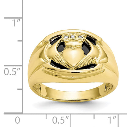 10K Yellow Gold Men's Real Diamond and Black Onyx Claddagh Ring