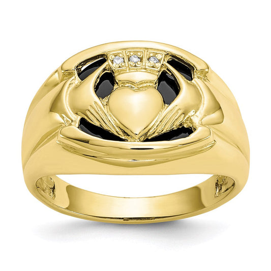 10K Yellow Gold Men's Real Diamond and Black Onyx Claddagh Ring
