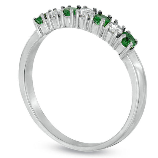 Emerald and 0.14 CT. T.W. Natural Diamond Seven Stone Band in Solid 14K White Gold