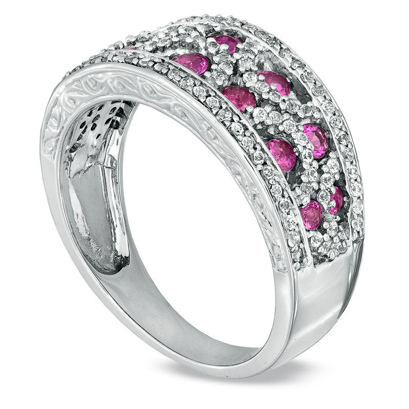 Pink Sapphire and 0.50 CT. T.W. Natural Diamond Band in Sterling Silver