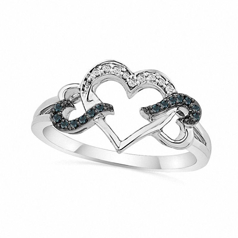 0.07 CT. T.W. Enhanced Blue and White Natural Diamond Triple Heart Ring in Sterling Silver