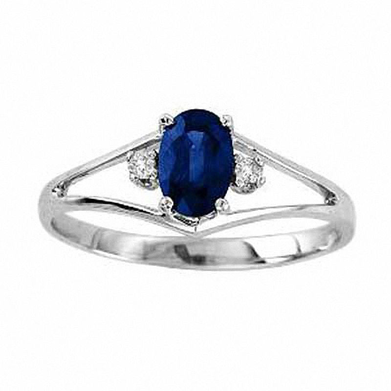 Oval Blue Sapphire and Natural Diamond Accent Engagement Ring in Solid 14K White Gold