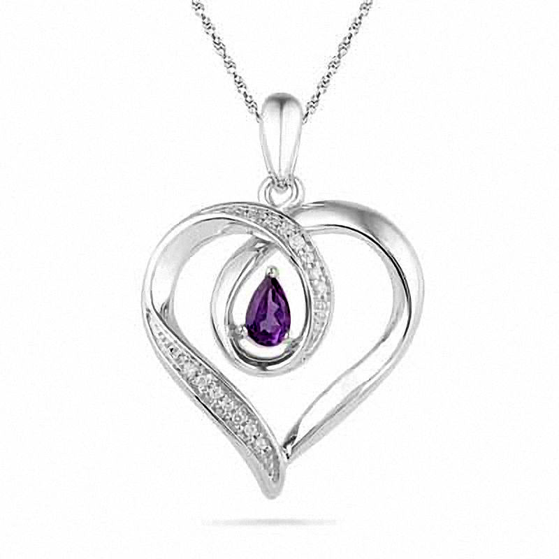 Pear-Shaped Amethyst and 0.05 CT. T.W. Natural Diamond Heart Pendant in Sterling Silver