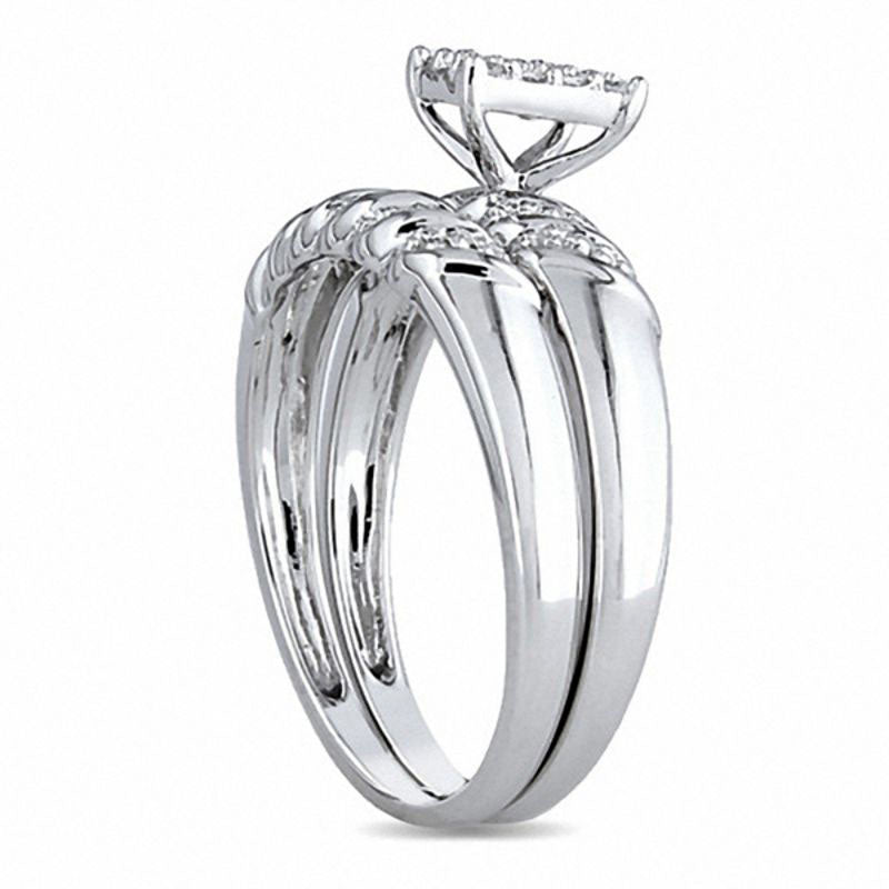 0.10 CT. T.W. Natural Diamond Rectangular Cluster Bridal Engagement Ring Set in Sterling Silver