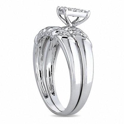 0.10 CT. T.W. Natural Diamond Rectangular Cluster Bridal Engagement Ring Set in Sterling Silver