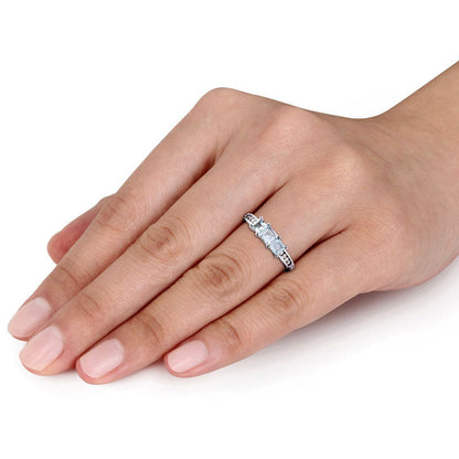 4.0mm Princess-Cut Aquamarine and 0.10 CT. T.W. Natural Diamond Three Stone Ring in Solid 10K White Gold