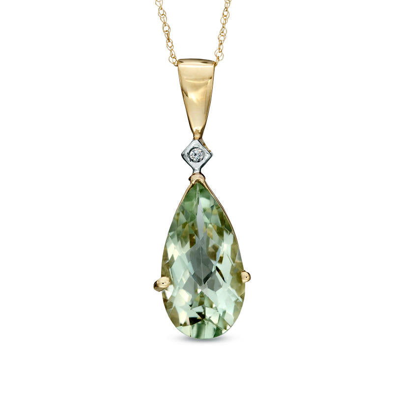 Pear-Shaped Green Quartz and Natural Diamond Accent Pendant in 10K Yellow Gold