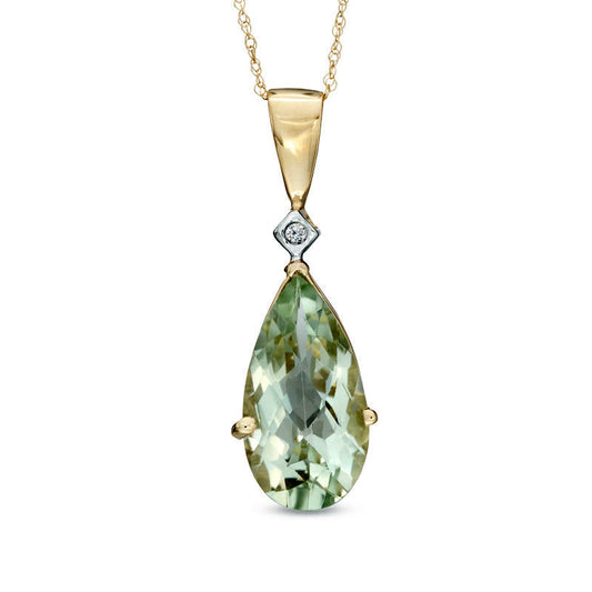 Pear-Shaped Green Quartz and Natural Diamond Accent Pendant in 10K Yellow Gold