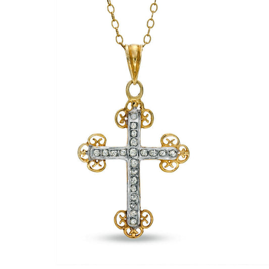 Natural Diamond FascinationÖ Antique Vintage-Style Cross Pendant in Sterling Silver and 18K Gold Plate