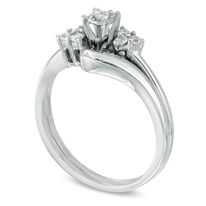 0.17 CT. T.W. Natural Diamond Three Stone Slant Bridal Engagement Ring Set in Solid 10K White Gold