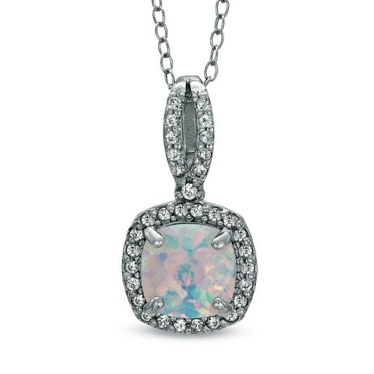 7.0mm Cushion-Cut Lab-Created Opal and White Sapphire Pendant in Sterling Silver