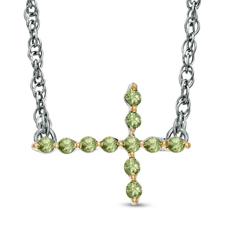 Peridot Sideways Cross Necklace in Sterling Silver