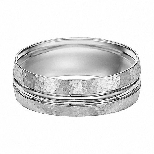 Ladies' 7.0mm Hammered Wedding Band in Solid 10K White Gold