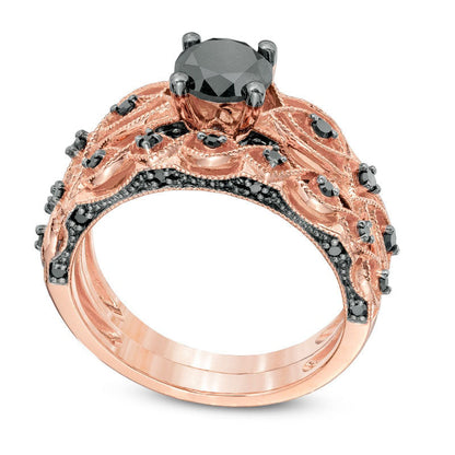 1.38 CT. T.W. Enhanced Black Natural Diamond Antique Vintage-Style Bridal Engagement Ring Set in Solid 10K Rose Gold