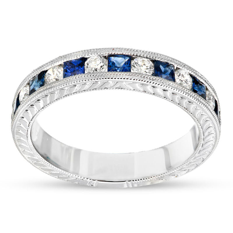 Princess-Cut Blue Sapphire and 0.50 CT. T.W. Natural Diamond Semi-Mount Bridal Engagement Ring Set in Solid 14K White Gold