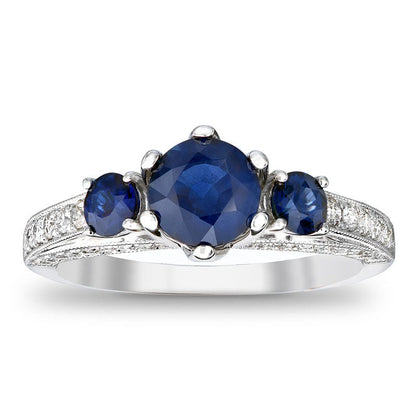 6.0mm Blue Sapphire and 0.38 CT. T.W. Natural Diamond Engagement Three Stone Ring in Solid 14K White Gold