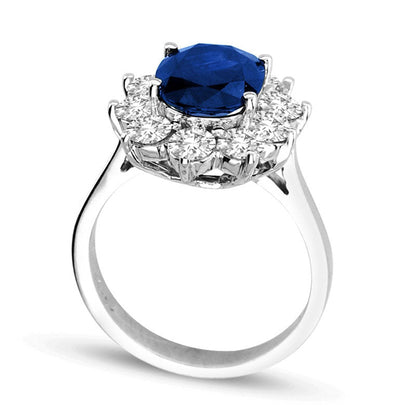 Oval Blue Sapphire and 1.5 CT. T.W. Natural Diamond Frame Engagement Ring in Solid 14K White Gold