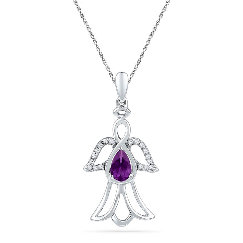 Pear-Shaped Amethyst and 0.1 CT. T.W. Natural Diamond Angel Pendant in Sterling Silver
