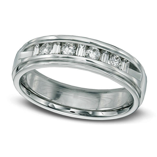 Men's 0.50 CT. T.W. Round and Baguette Natural Diamond Wedding Band in Solid 14K White Gold