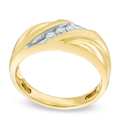 Men's 0.17 CT. T.W. Natural Diamond Slant Three Stone Comfort Fit Wedding Band in Solid 14K Gold