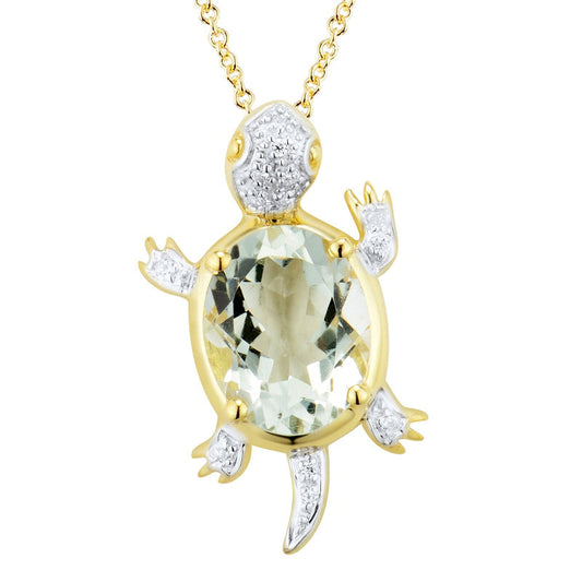 Oval Green Quartz and Natural Diamond Accent Turtle Pendant in Sterling Silver with 14K Gold Plate
