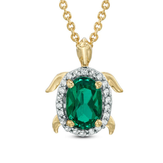 Oval Lab-Created Emerald and White Sapphire Turtle Pendant in Sterling Silver with 18K Gold Plate