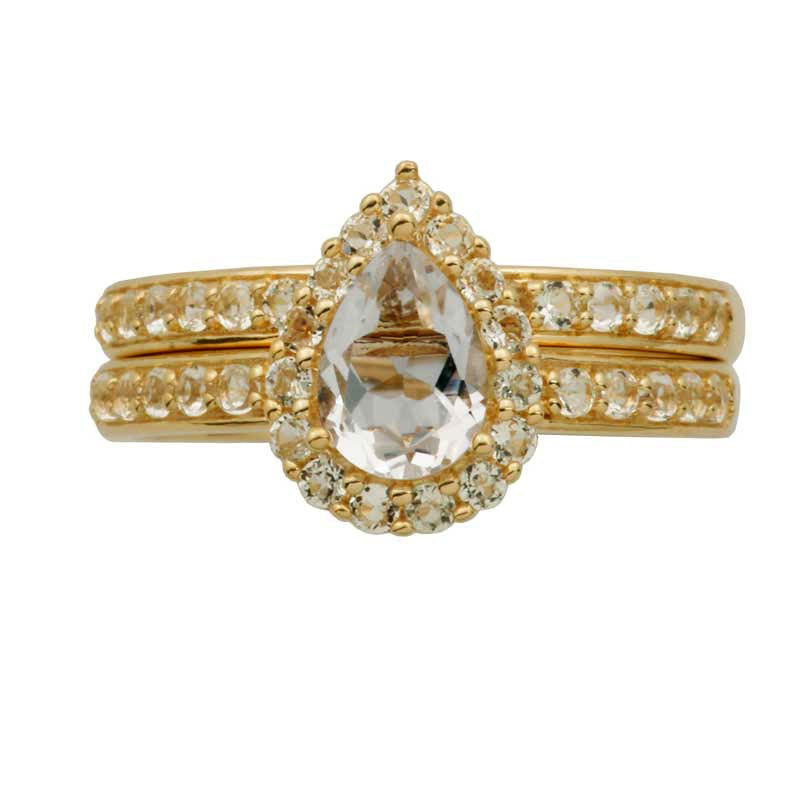 Pear-Shaped White Topaz Frame Bridal Engagement Ring Set in Solid 10K Yellow Gold