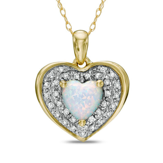 6.0mm Heart-Shaped Lab-Created Opal and 0.13 CT. T.W. Diamond Frame Heart Pendant in 10K Yellow Gold