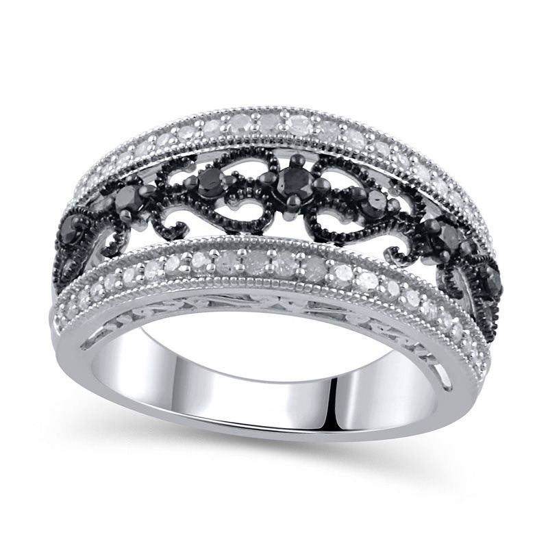 0.50 CT. T.W. Enhanced Black and White Natural Diamond Antique Vintage-Style Anniversary Band in Sterling Silver