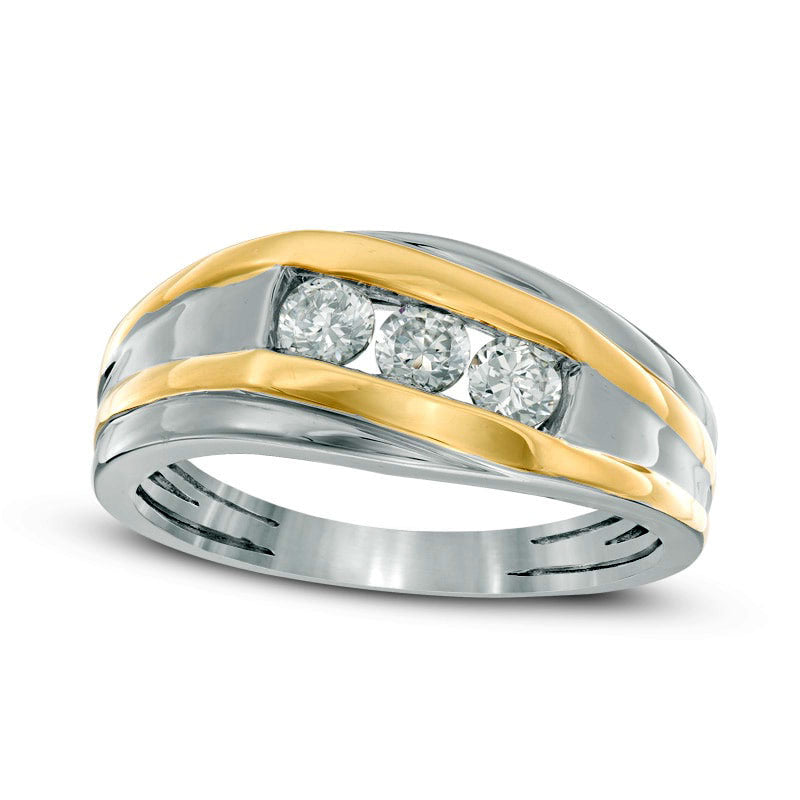 Men's 0.50 CT. T.W. Natural Diamond Three Stone Slant Wedding Band in Solid 10K Two-Tone Gold
