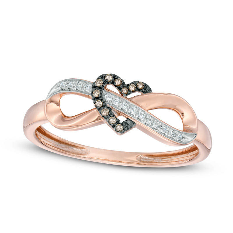 0.05 CT. T.W. Enhanced Champagne and White Natural Diamond Infinity Heart Wrapped Ring in Solid 10K Rose Gold