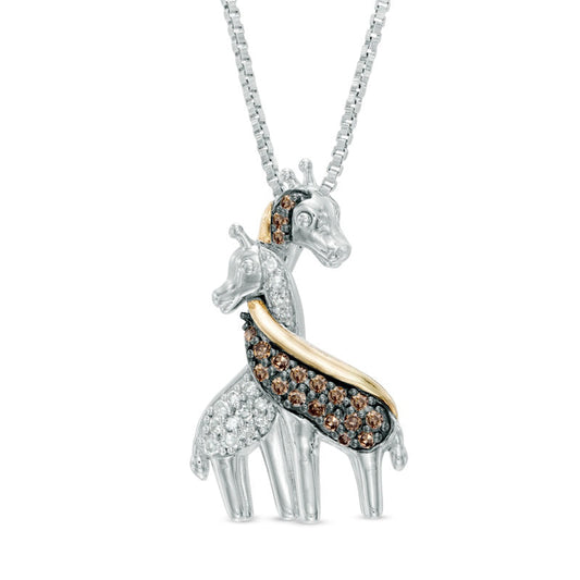 0.17 CT. T.W. Enhanced Champagne and White Natural Diamond Loving Giraffe Pendant in Sterling Silver and 14K Gold