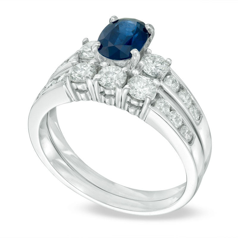 Oval Blue Sapphire and 0.88 CT. T.W. Natural Diamond Three Stone Bridal Engagement Ring Set in Solid 14K White Gold
