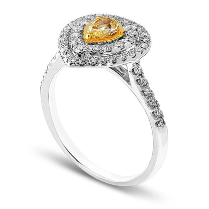 0.75 CT. T.W. Pear-Shaped Fancy Yellow and White Natural Diamond Double Frame Engagement Ring in Solid 18K White Gold