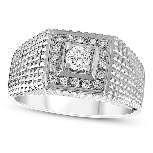 Men's 0.38 CT. T.W. Natural Diamond Square Frame Textured Ring in Solid 14K White Gold