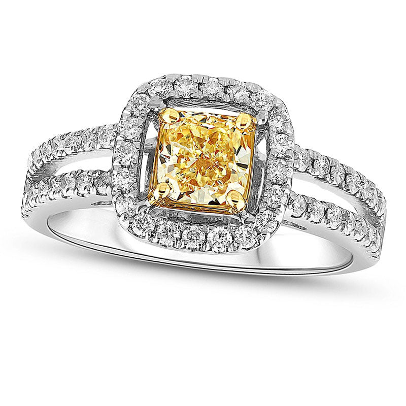 1.20 CT. T.W. Cushion-Cut Fancy Yellow and White Natural Diamond Frame Engagement Ring in Solid 18K White Gold (SI2)