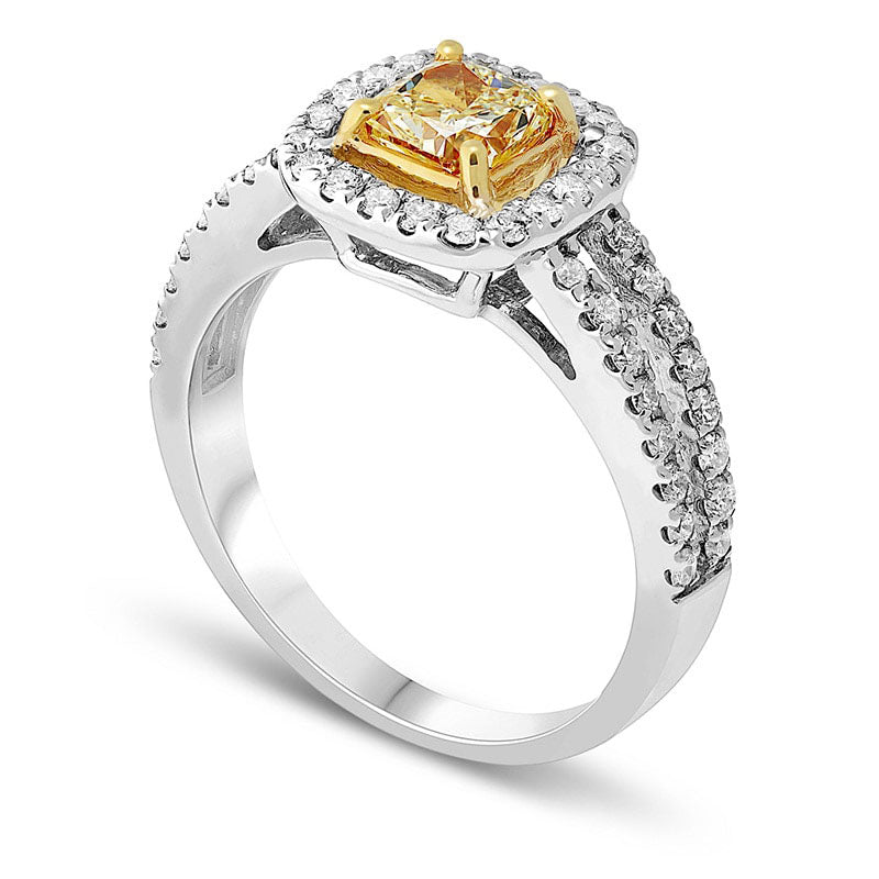 1.20 CT. T.W. Cushion-Cut Fancy Yellow and White Natural Diamond Frame Engagement Ring in Solid 18K White Gold (SI2)