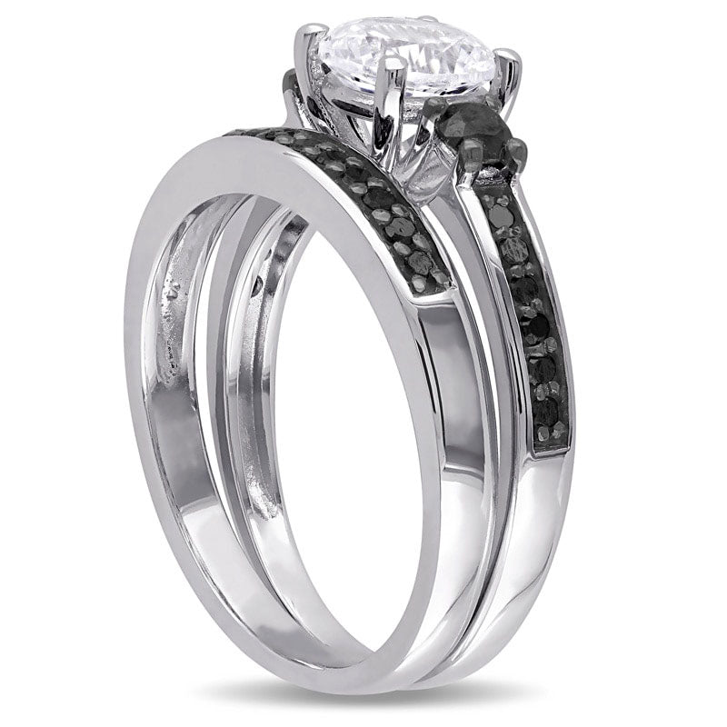 Lab-Created White Sapphire and 0.38 CT. T.W. Enhanced Black Diamond Three Stone Bridal Engagement Ring Set in Sterling Silver