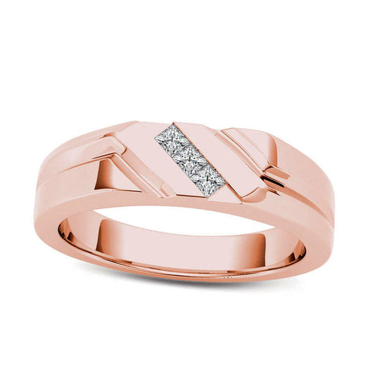 Men's 0.13 CT. T.W. Square-Cut Natural Diamond Three Stone Slant Wedding Band in Solid 14K Rose Gold