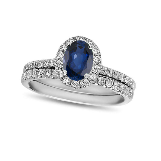 Oval Blue Sapphire and 0.63 CT. T.W. Natural Diamond Frame Bridal Engagement Ring Set in Solid 14K White Gold