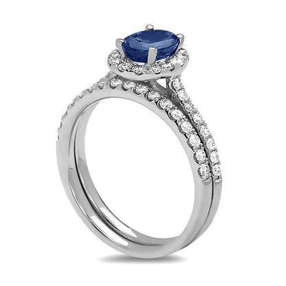 Oval Blue Sapphire and 0.63 CT. T.W. Natural Diamond Frame Bridal Engagement Ring Set in Solid 14K White Gold