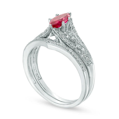 Marquise Lab-Created Ruby and 0.20 CT. T.W. Diamond Antique Vintage-Style Bridal Engagement Ring Set in Solid 10K White Gold