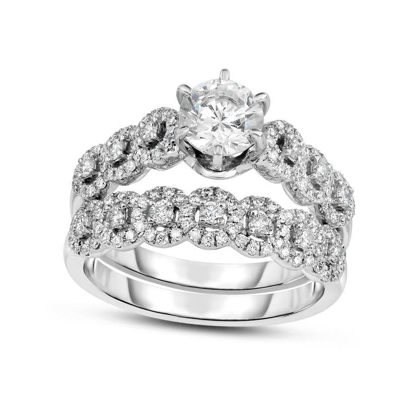 1.25 CT. T.W. Natural Diamond Linked Halos Bridal Engagement Ring Set in Solid 14K White Gold