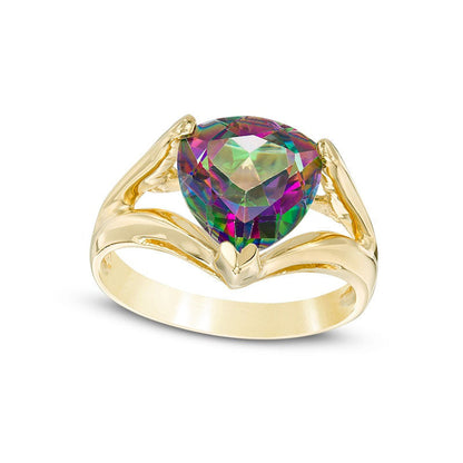 10.0mm Trillion-Cut Mystic Fire« Topaz Split Shank Ring in Solid 10K Yellow Gold