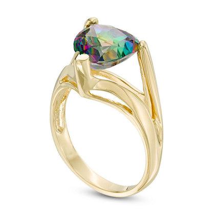 10.0mm Trillion-Cut Mystic Fire« Topaz Split Shank Ring in Solid 10K Yellow Gold