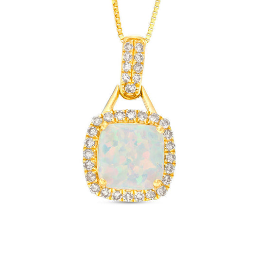 7.0mm Cushion-Cut Lab-Created Opal and 0.2 CT. T.W. Diamond Frame Doorknocker Drop Pendant in 10K Yellow Gold