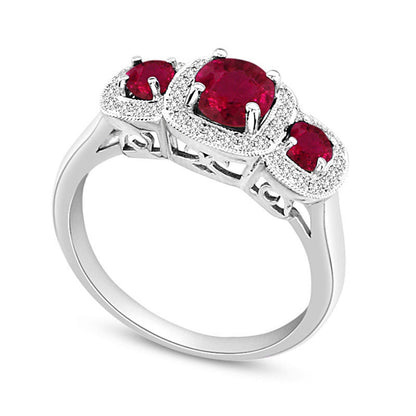 Ruby and 0.20 CT. T.W. Natural Diamond Antique Vintage-Style Three Stone Engagement Ring in Solid 14K White Gold
