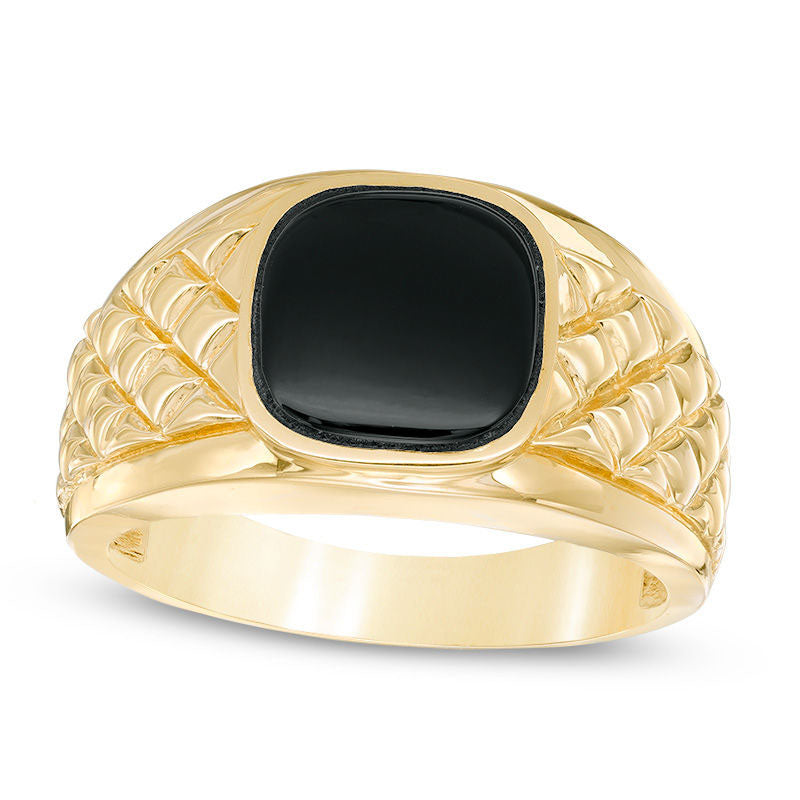 Men's 10.0mm Cushion-Cut Onyx Quilted Ring in Solid 10K Yellow Gold