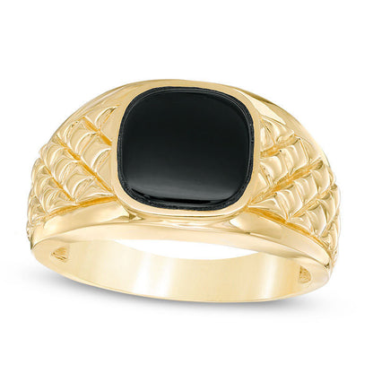 Men's 10.0mm Cushion-Cut Onyx Quilted Ring in Solid 10K Yellow Gold